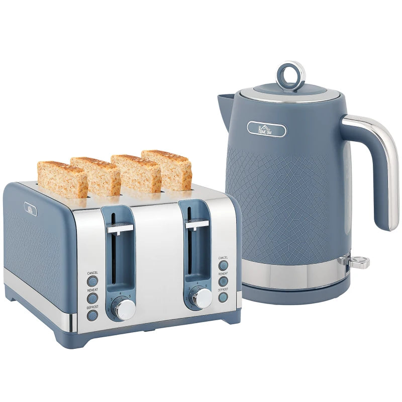 Sleek Blue Textured Kettle & Four-Slice Toaster Set - Modern Kitchen Appliances for Stylish Cooking
