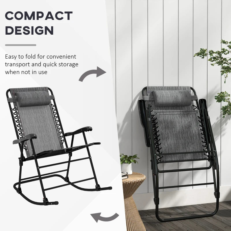 Grey Folding Rocking Chair with Headrest for Outdoor Use