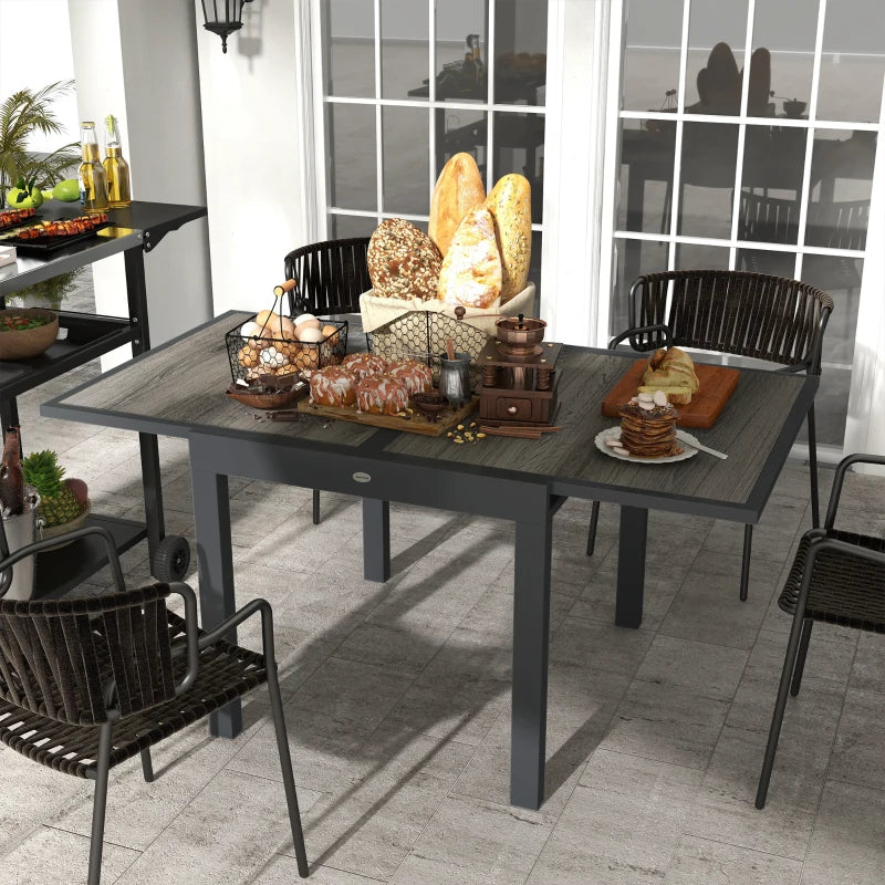 Grey Extendable Outdoor Dining Table for 6, Aluminium Frame, Rectangular Patio Table, 80/160L x 80W x 75H cm
