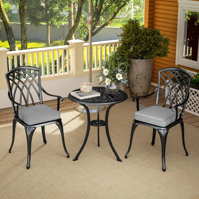 3 Piece Black Cast Aluminium Garden Bistro Set for 2 - Outdoor Coffee Table Set with Cushions, Rust Resistant, Parasol Hole, Perfect for Patio and Balcony