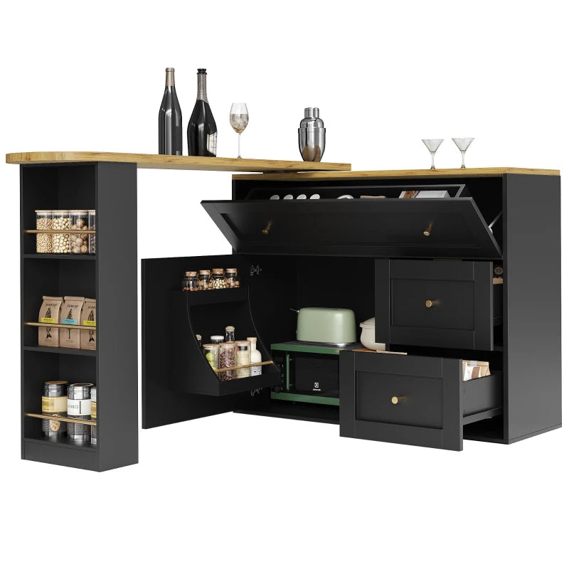 Extendable Bar Table with Storage, 360° Rotating Base & Snack Shelf, Folding Drawers, Black Bistro Table - 204L x 39W x 105H cm