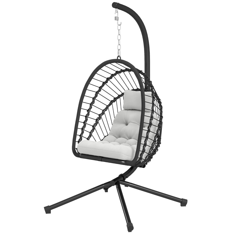 Black Outdoor PE Rattan Swing Chair with Cushion - Foldable Garden Hanging Egg Chair with Metal Stand and Headrest for Indoor and Outdoor Use