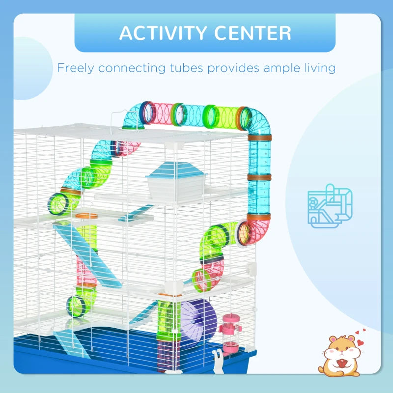 5-Tier Hamster Cage with Tube, Water Bottle, Exercise Wheel & Food Dish - Blue, 59L x 36W x 69H cm