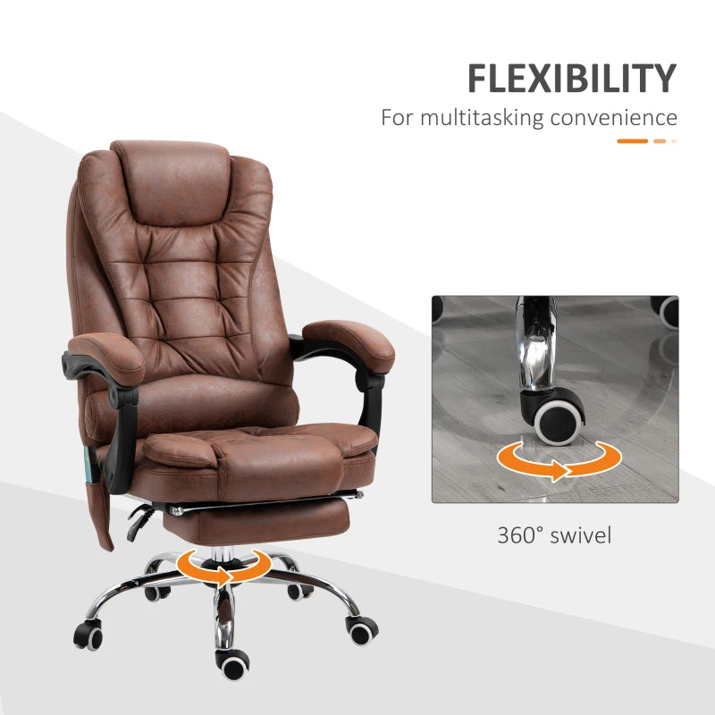 Vinsetto Heated Massage Office Chair - 6 Vibration Points, Ergonomic High Back, Adjustable Recliner with Footrest - Brown
