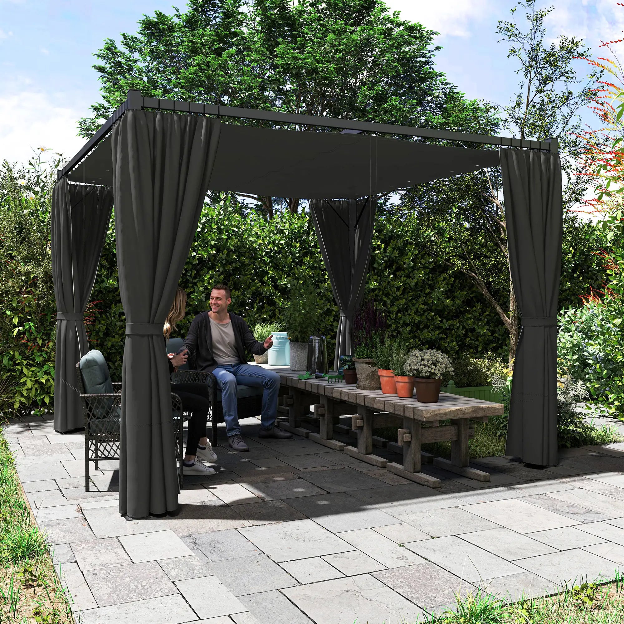 Charcoal 3m x 3m Retractable Pergola Shelter with Curtains - Perfect For patios