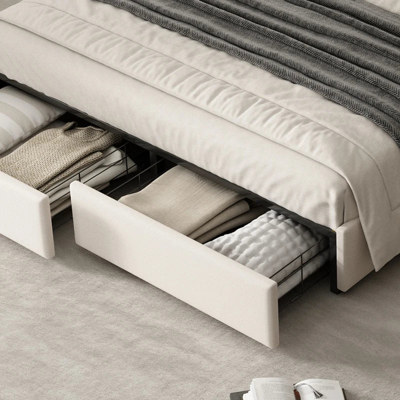 Beige Upholstered Double Bed Frame with Storage Drawers & Headboard Pockets - Velvet & Plywood, 229L x 222.5W x 87.5H cm