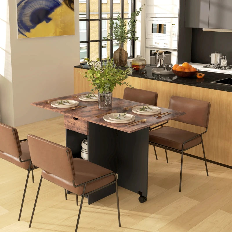 Rustic Brown Folding Dining Table with Drop Leaf, Storage Drawer & Shelves - Perfect for Small Spaces, Kitchen & Dining Room