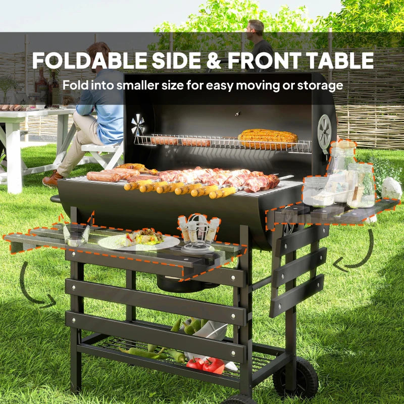 Portable Charcoal BBQ Grill with Foldable Shelf, Smoker, Temperature Gauge, Wheels for Outdoor Cooking