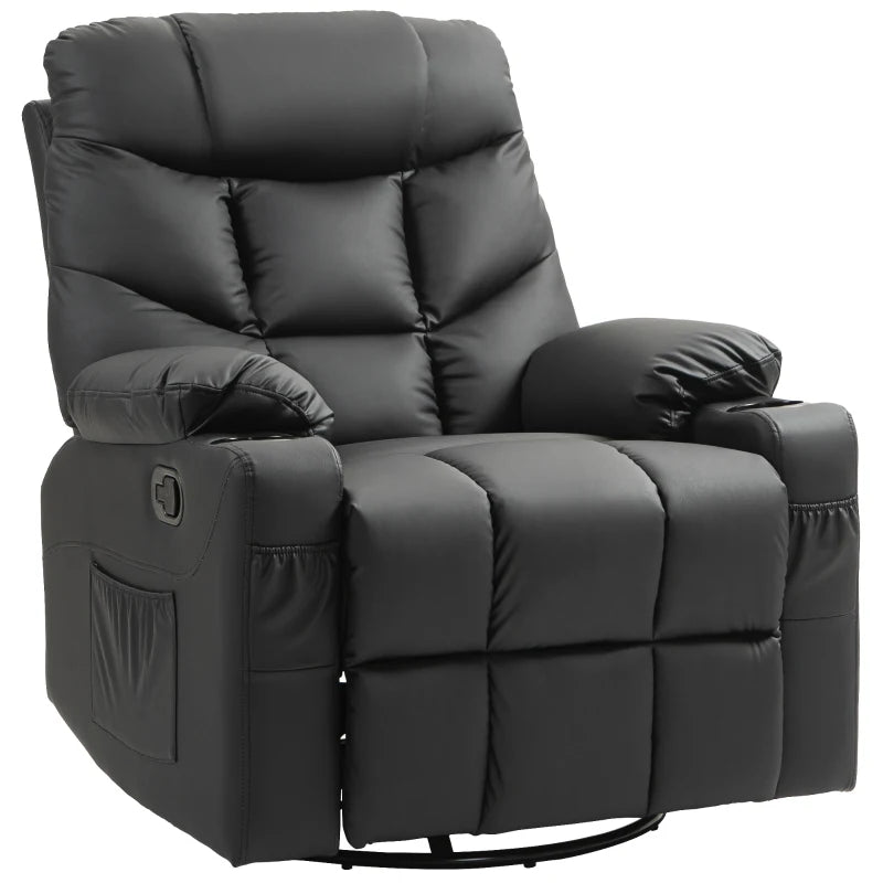 Manual Reclining Armchair with Swivel, Faux Leather, Footrest and Cup Holders - Black, 86x93x102cm
