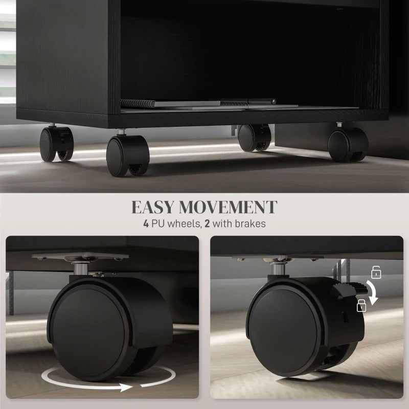 Black Three-Compartment Printer Cabinet on Wheels - Stylish & Functional Storage Solution for Home Office or Workspace