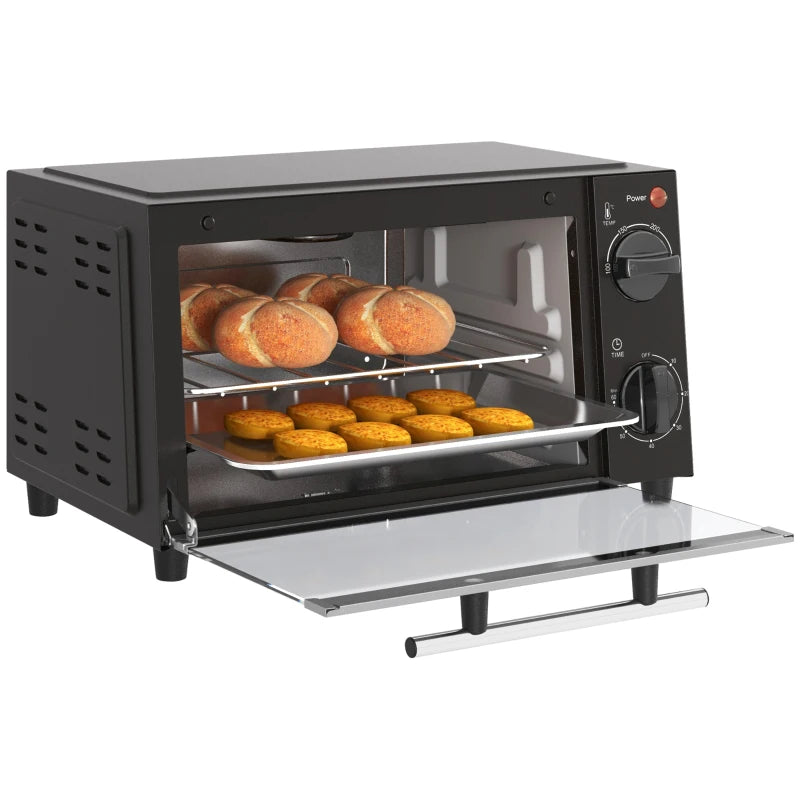 Compact 9L Mini Oven & Electric Grill - Adjustable Temp, Timer, Dishwasher Safe Tray, 750W, Black Countertop Toaster Oven