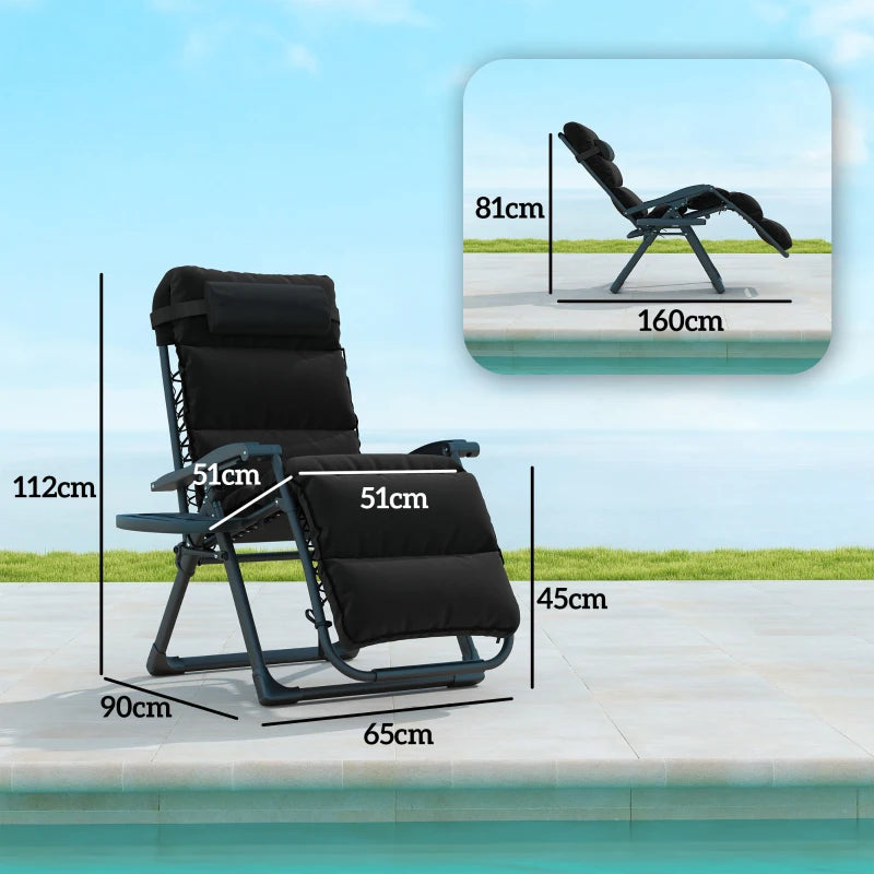 Set of Two Black Reclining Sun Loungers with Cushions - Outdoor Patio Furniture