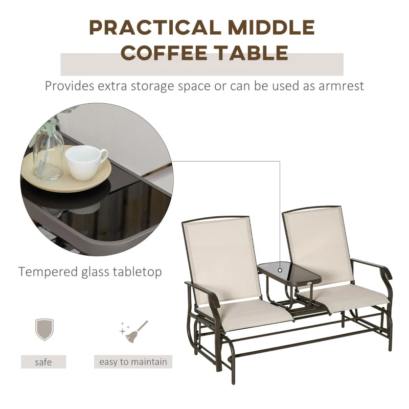 Brown/Khaki 2-Seater Metal Garden Glider Loveseat with Glass Top Table