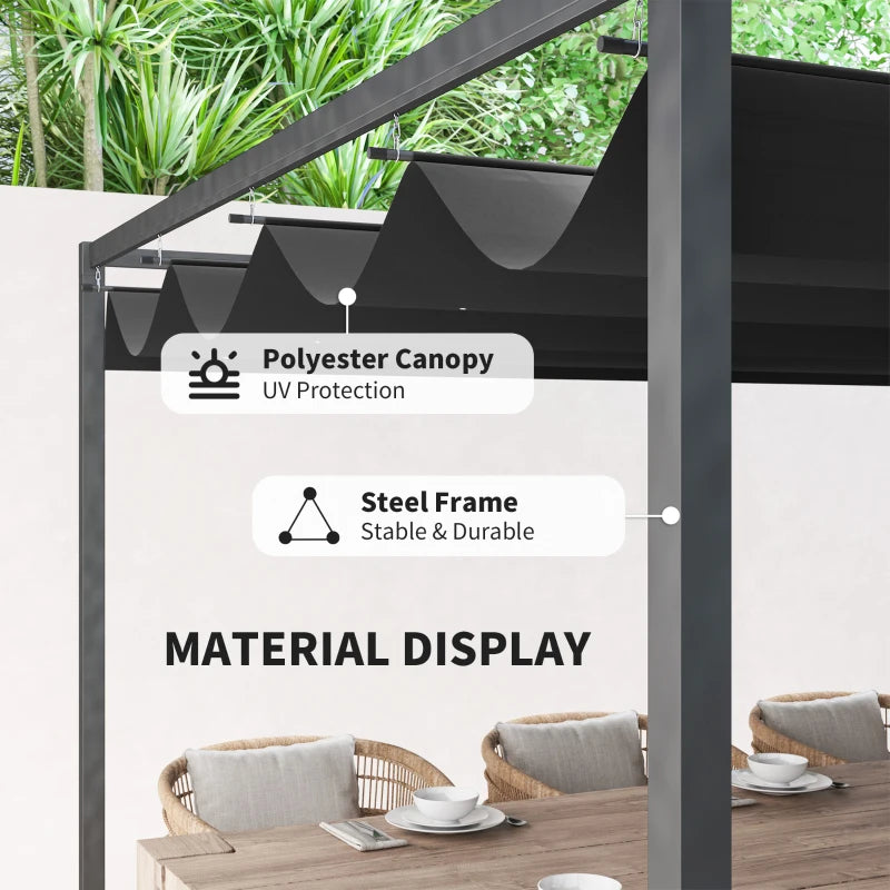 4m x 3m Black Metal Pergola with Retractable Canopy Roof