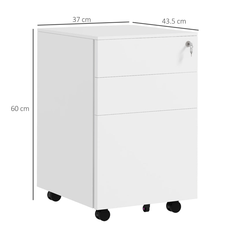 Vinsetto 3-Drawer Vertical Filing Cabinet - Mobile Steel File Cabinet with Lock, Pencil Tray & 5 Wheels, Pre-Assembled, White