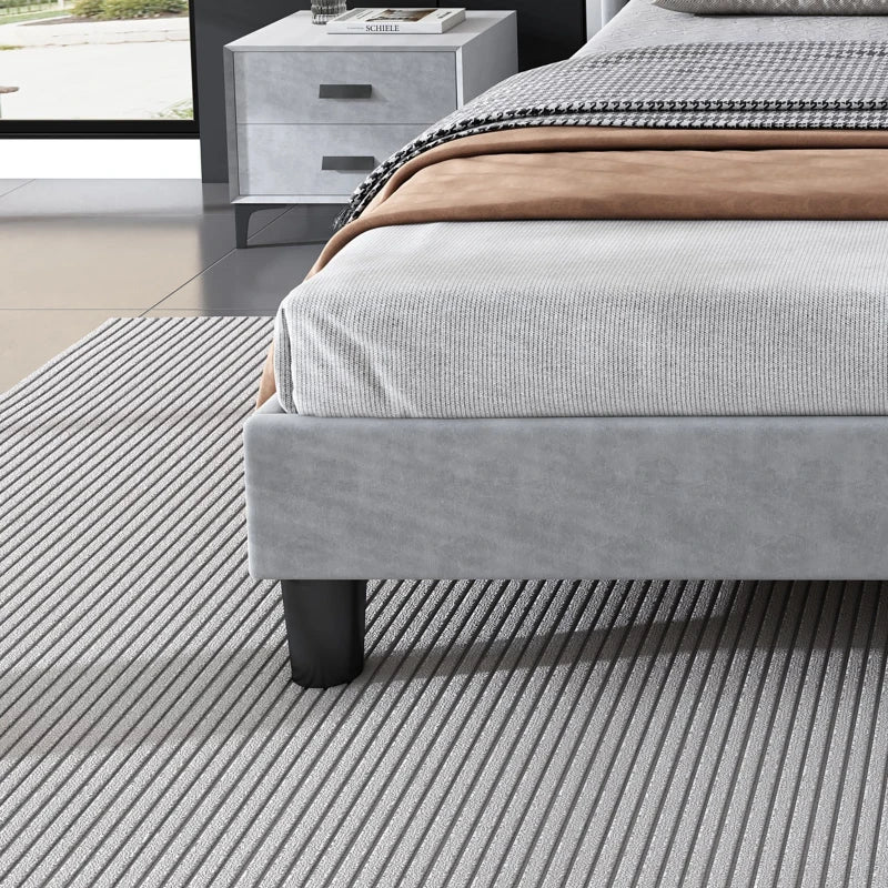 Velvet Upholstered Double Bed with Storage & LED Light Strip, 4 USB Ports, Grey - 204L x 140W x 107H cm