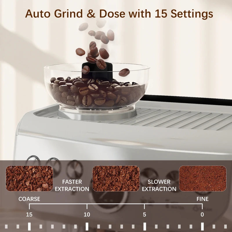 15 Bar Silver Coffee Machine with Adjustable Grind, Steamer & Accessories - Perfect for Espresso Lovers