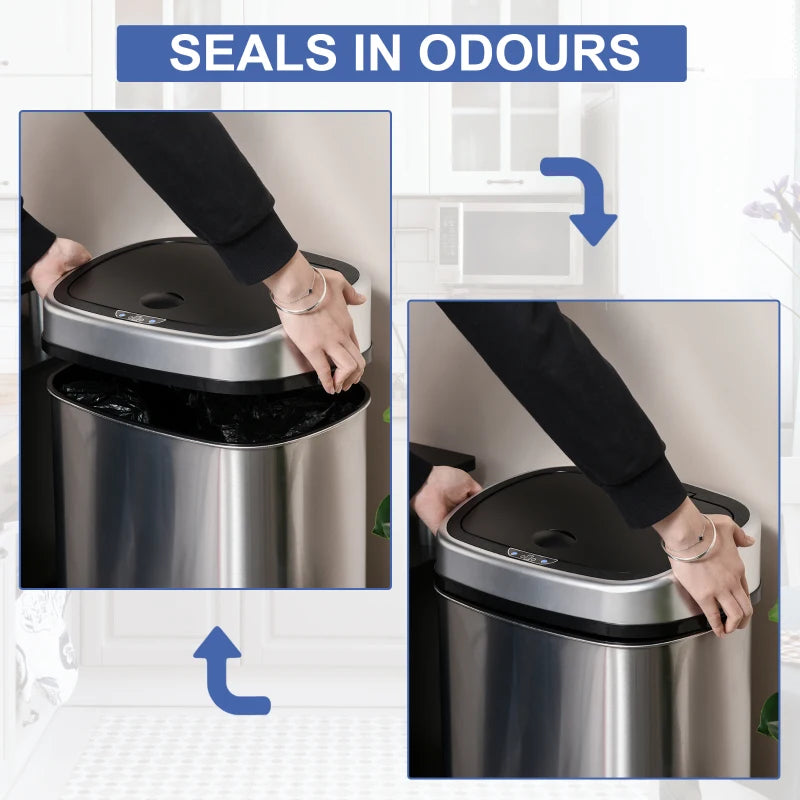 Stainless Steel 58L Touchless Kitchen Sensor Dustbin - Automatic Silver Rubbish Garbage Waste Bin for Home & Office