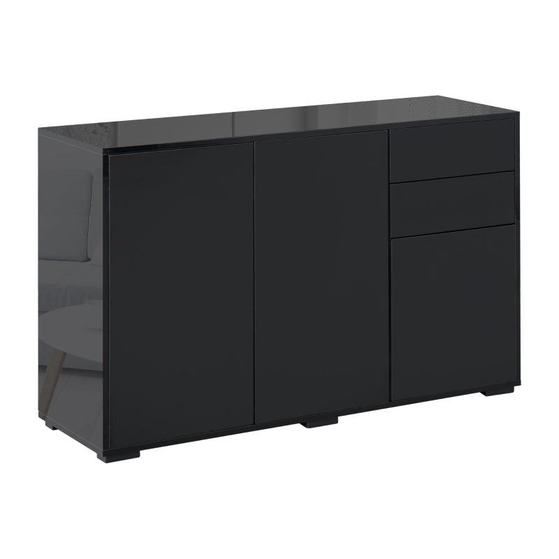 High Gloss Black Side Cabinet with Push-Open Design, 2 Drawers & 2 Cabinets for Living Room - 74H x 117W x 36Dcm