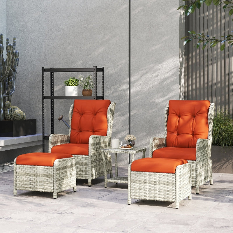 5-Piece Orange Rattan Bistro Set - Adjustable Back Reclining Wicker Balcony Furniture with Cushions, Glass Top Coffee Table and Footstools - Outdoor Table and Chairs