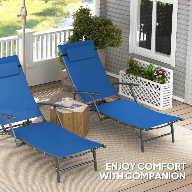 Set of 2 Blue Folding Sun Loungers - Adjustable 4 Position Outdoor Chaise Lounge Chairs with Armrests and Pillows, Steel Frame Sunbed Recliners for Garden, Patio, Beach and Poolside