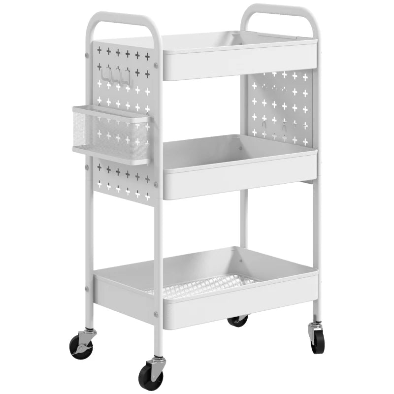 3-Tier Rolling Storage Trolley with Mesh Baskets, Hanging Boxes & Hooks - Versatile Utility Cart for Kitchen & Living Room - White