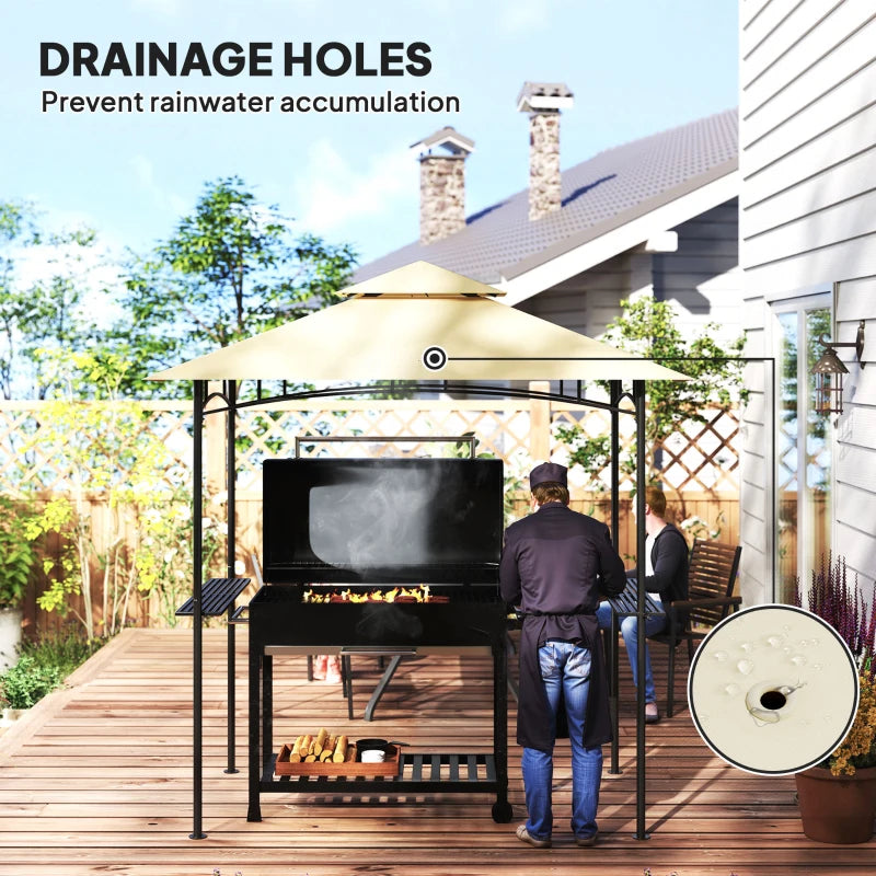 8' x 5' Beige Double Tiered BBQ Grill Gazebo Canopy with LED Lights, 2 Side Shelves & Hooks
