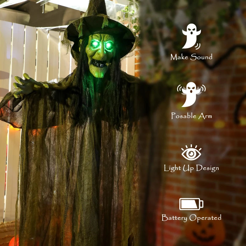 170 cm Life Size Animated Witch with Glowing LED Eyes - Spooky Halloween Decoration, Battery Operated Indoor Party Prop