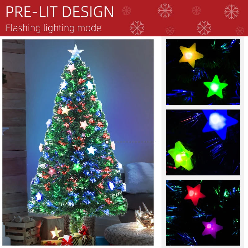 5FT Prelit Artificial Christmas Tree with Fibre Optic Star & LED Lights - Green Holiday Decoration for Indoor Parties