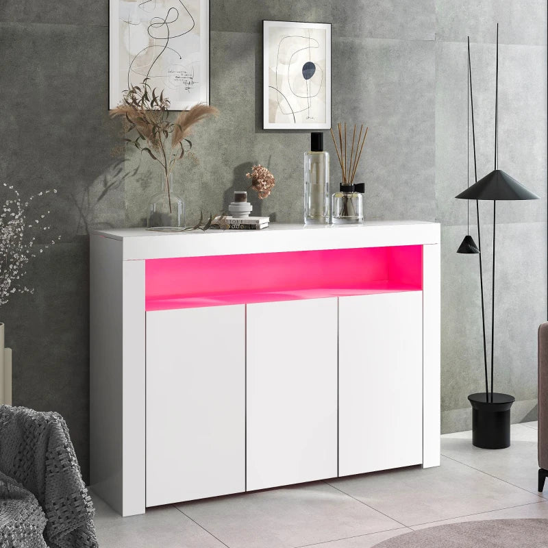 Modern White Sideboard Cabinet with LED Lights - High Gloss 3-Door Kitchen Unit, Remote Control, 130x35x95 cm
