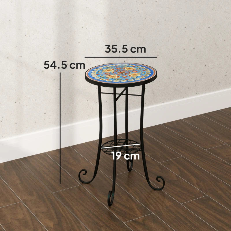 35.5 cm Round Blue Mosaic Garden Table - Ceramic Tile Top Outdoor Bistro Table with Shelf for Patio, Balcony, Indoor Use