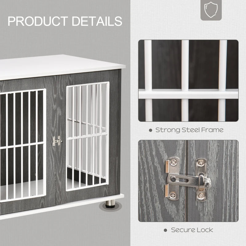 Wooden Dog Crate End Table Kennel with Lockable Door for Small & Medium Dogs - Grey & White, 85x55x75 cm