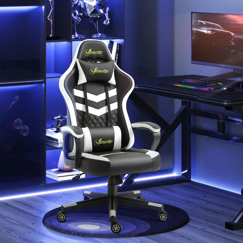 Vinsetto Gaming Chair - Ergonomic Computer Desk Chair with Lumbar Support, Faux Leather, Headrest & Swivel Wheels - Black & White