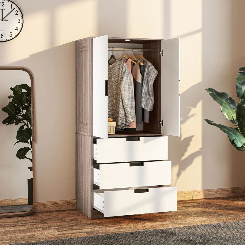 Stylish Two Door Wardrobe with Drawers for Bedroom Storage in White and Brown