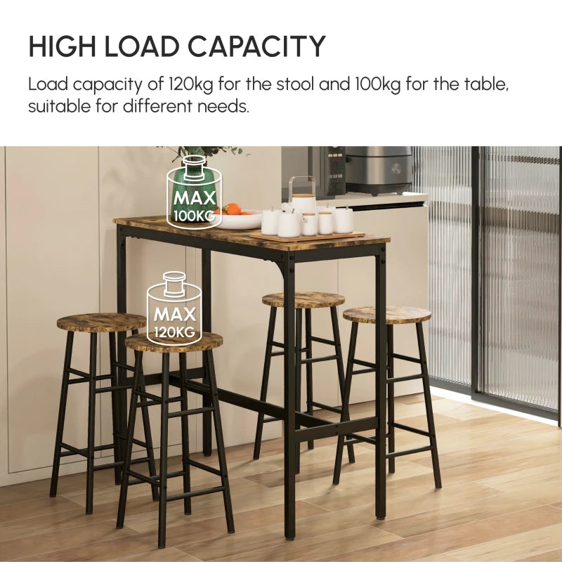 5-Piece Industrial Bar Table Set with 4 Stools - Rustic Brown Dining Table and Chair Set for Home or Kitchen