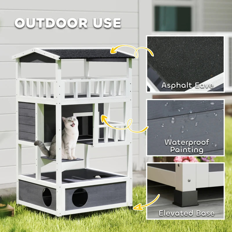 Wooden 3-Tier Outdoor Cat House with Tilted Roof, Terrace, Jump Step, Waterproof Grey Shelter for Cats