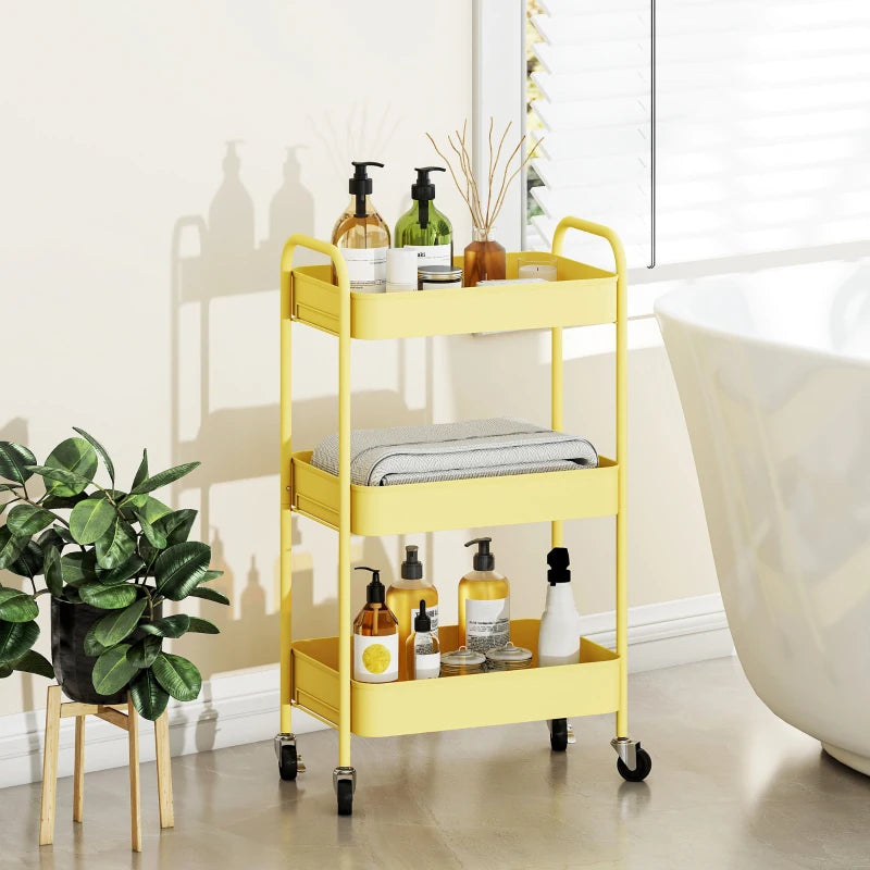 Three-Tier Yellow Steel Storage Trolley - Durable, Versatile Organizer for Home, Office, Kitchen & Garage