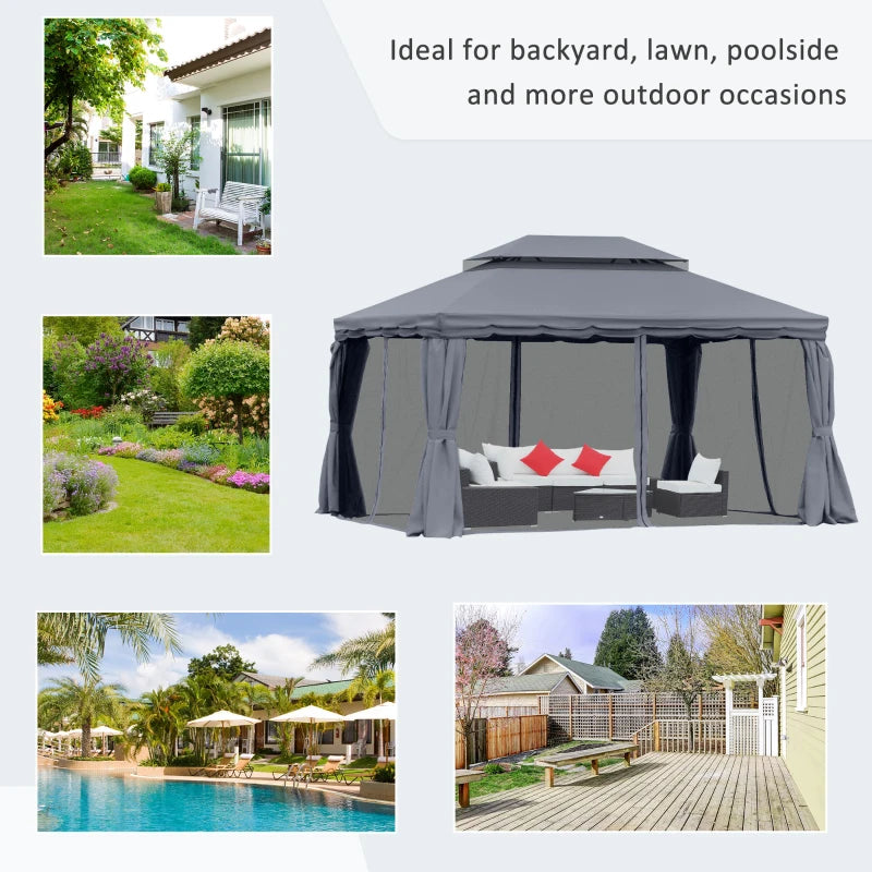 3 x 4m Dark Grey Aluminium Garden Gazebo - Marquee Canopy Shelter Pavilion Tent with Nets and Curtains for Outdoor Parties