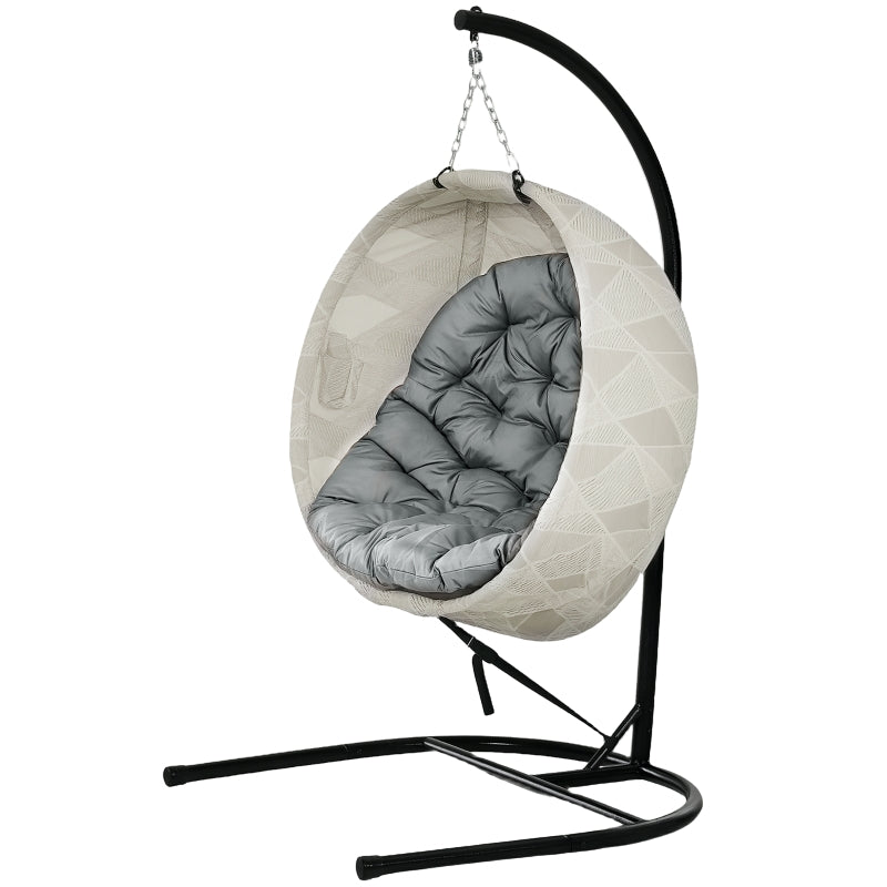 Hanging Egg Chair - Grey Outdoor Indoor Garden Swing Chair with Folding Basket, Stand, Thickened Cushion & Cup Holder - Perfect for Patio & Balcony