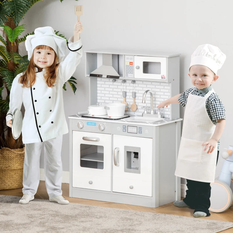 Kids Wooden Toy Kitchen Playset with Sound & Light, Battery Operated Cooktop & Ice Machine, Marble Countertop, Ages 3-6