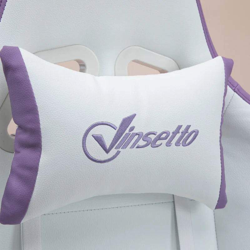 Vinsetto White and Purple Gaming Chair - PU Leather Office Desk Chair with Footrest, 135° Recline, Lumbar Support & Headrest
