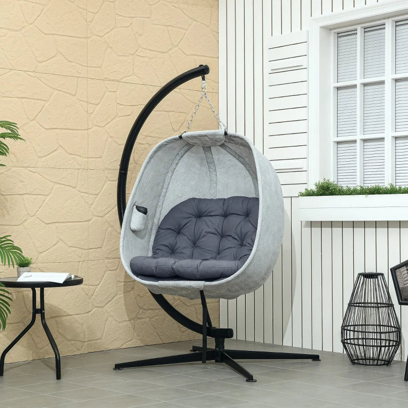 Hanging Egg Chair - Grey Outdoor Indoor Garden Swing Chair with Folding Basket, Stand, Thickened Cushion & Cup Holder