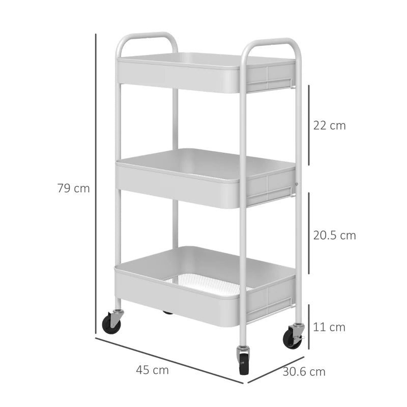 Three-Tier White Steel Storage Trolley - Versatile Rolling Cart for Kitchen, Office, and Home Organization