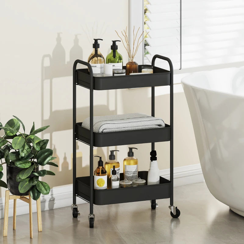 Three-Tier Black Steel Storage Trolley - Versatile Rolling Cart for Kitchen, Office, or Home Organization