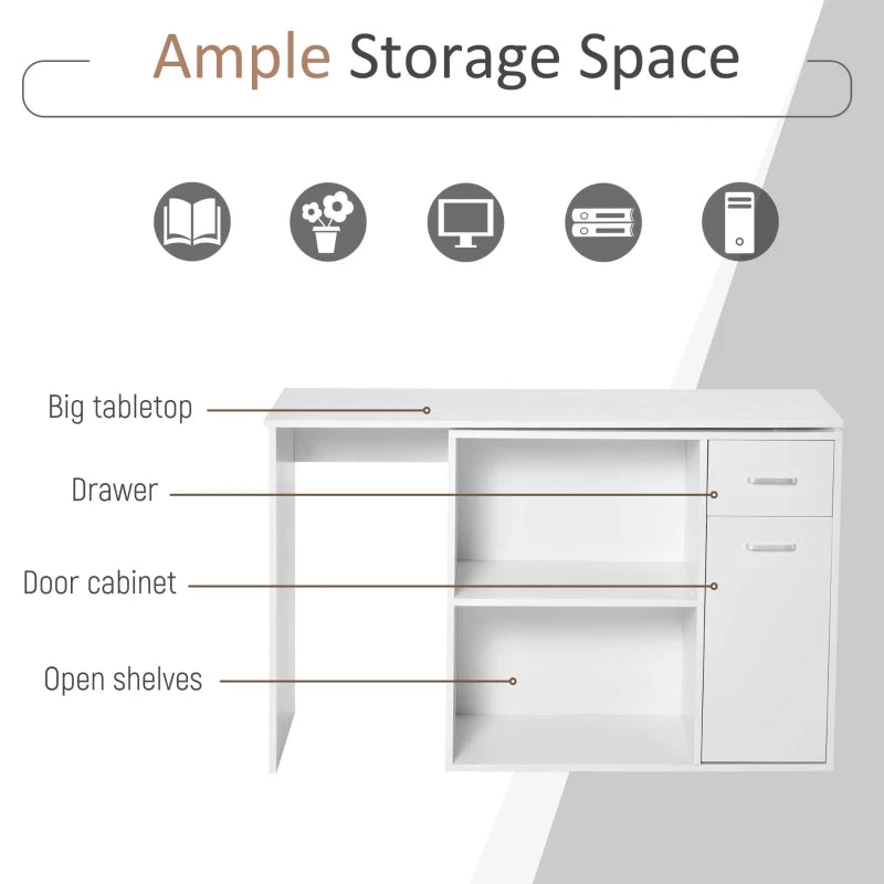 L-Shaped Corner Computer Desk with Storage Shelf & Drawer - Adjustable White Wood Grain Workstation for Home Office