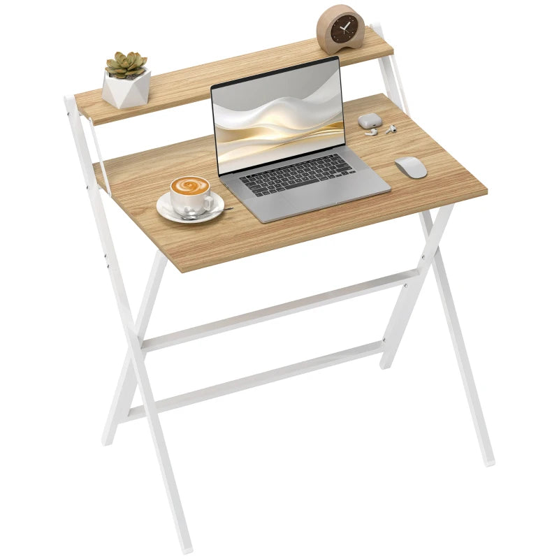 81.5 cm Folding Computer Desk with Monitor Shelf - Stylish Natural Wood Finish for Home Office & Study