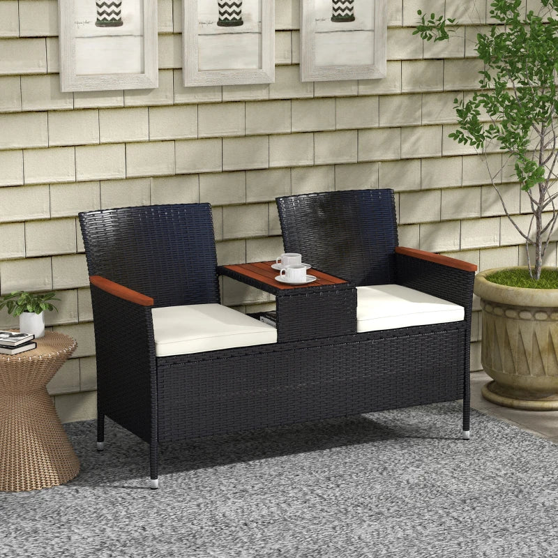Black Rattan Loveseat with Wood-Top Table