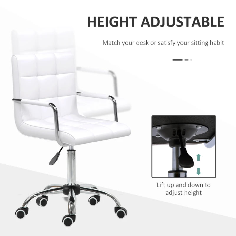 Vinsetto White Makeup Vanity Chair - PU Leather Mid Back Office Chair with Adjustable Height, Armrests & Rolling Wheels