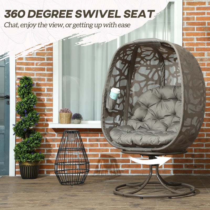 Swivel Egg Chair with Cushions - Foldable Basket Seat, Metal Frame, Indoor Outdoor Lounge Chair for Balcony, Poolside, Patio and Living Room - Sand Brown, Large Size