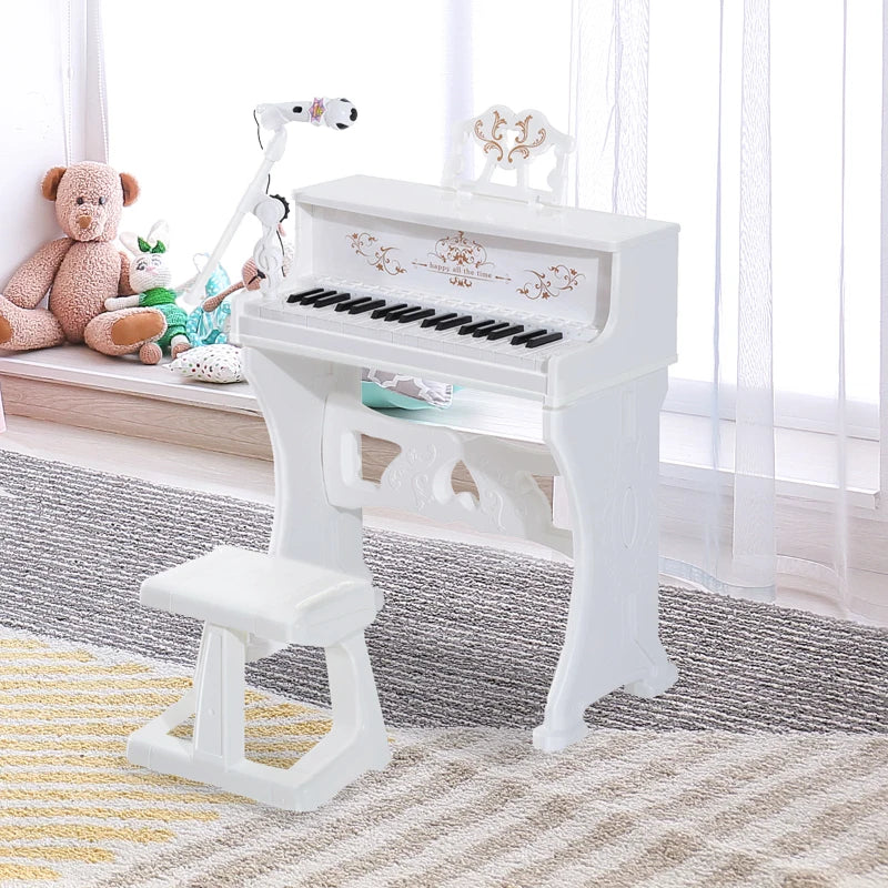 Kids Mini Piano Keyboard Set - Light-Up Electronic Grand Piano Toy with Stool, Microphone & Music Stand - Educational Musical Instrument (White)